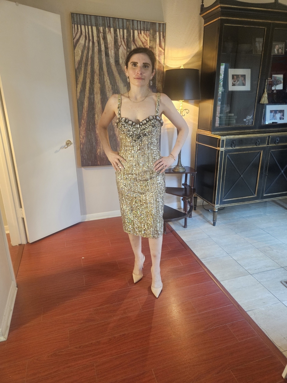 Gold Sequin Midi Dress with Embellished Neckline